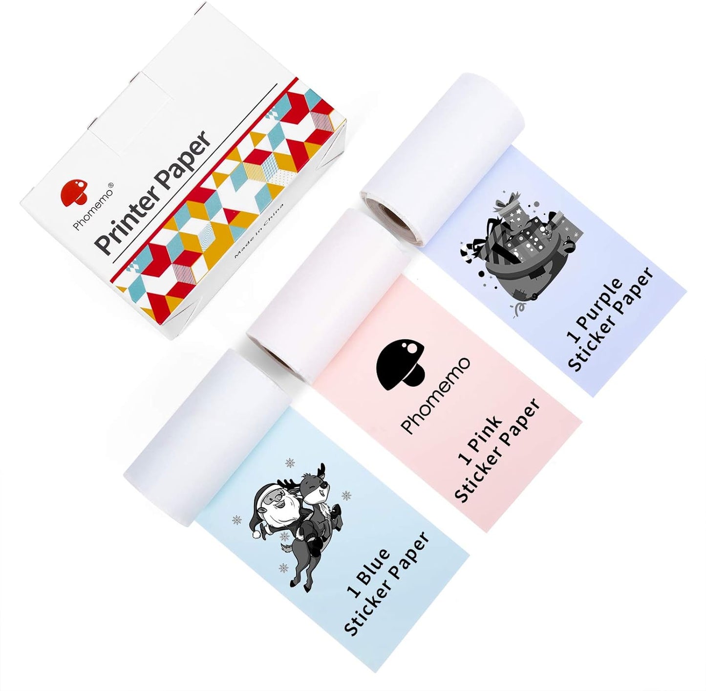 Colorful Thermal Sticker Paper for M02/M02 Pro/M02S/M03 Pocket Printer, Black Character on Purpple/Pink/Blue, 50Mm X 3.5M, Diameter 30Mm, 3 Rolls
