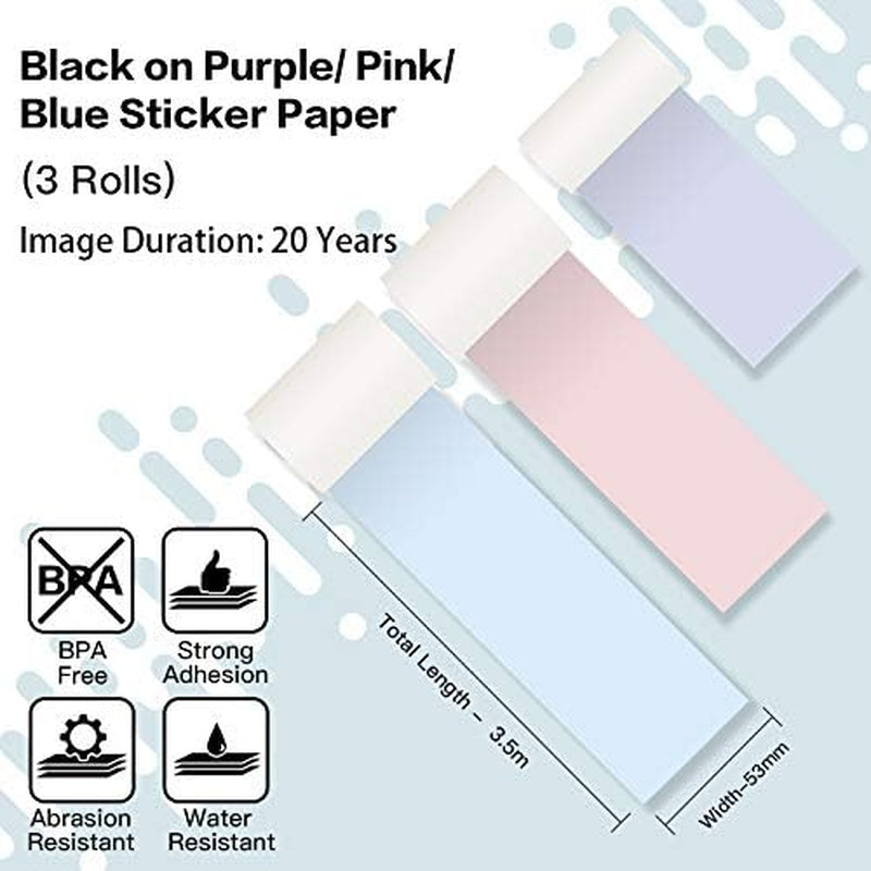 Colorful Thermal Sticker Paper for M02/M02 Pro/M02S/M03 Pocket Printer, Black Character on Purpple/Pink/Blue, 50Mm X 3.5M, Diameter 30Mm, 3 Rolls