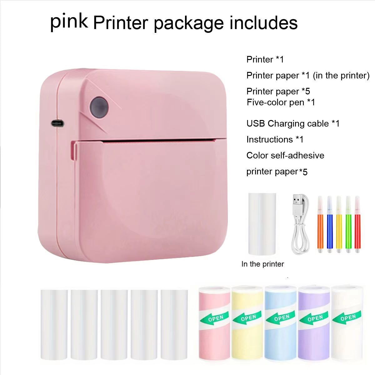 Mini Printer, Portable Thermal Printer Efficiently and Quickly, Inkless Pocket Photo Printer for Study Notes, Pictures, DIY