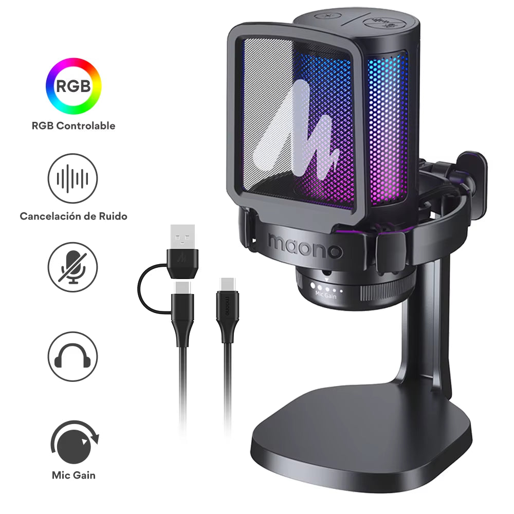 DGM20 Gaming Microphone,Usb Microphone Condenser Mic RGB Gaming Mic with Noise Reduction Software,Mic Gain,One Key Mute