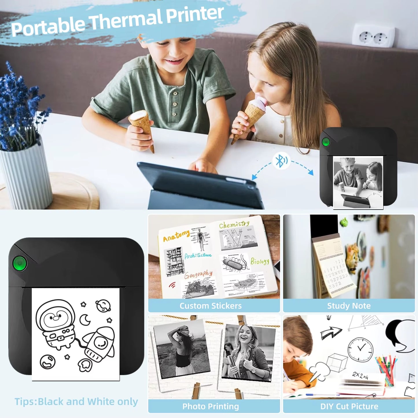 Mini Printer, Portable Thermal Printer Efficiently and Quickly, Inkless Pocket Photo Printer for Study Notes, Pictures, DIY